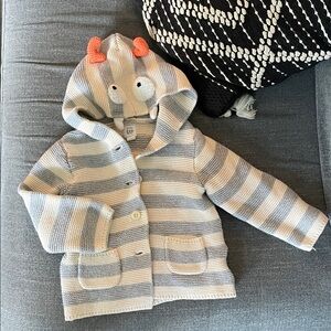 GAP Gray and Cream Striped Hooded Monster Cardigan